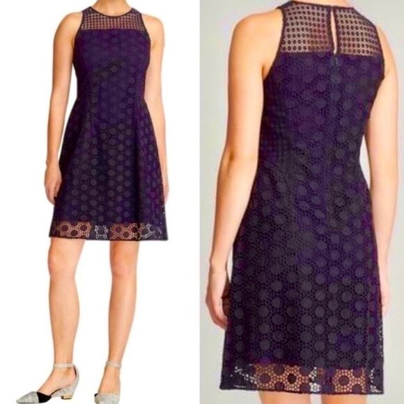 Tory Burch Hallie Eyelet Dress Women's Size 8 Navy Blue A Line Sleeveless Lined - Picture 2 of 9